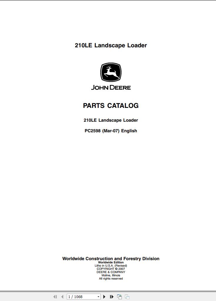 John Deere Lanscape Loader 210LE Parts Catalog PC2598 2007 1