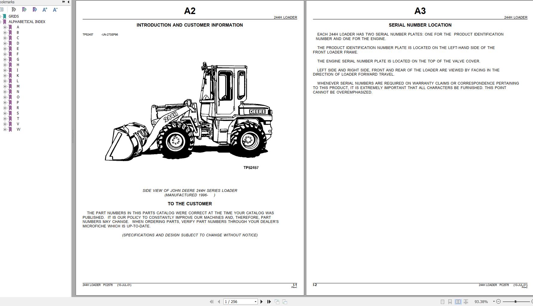 John Deere Loader 244H Parts Catalog PC2576 1