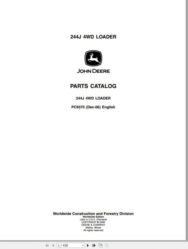 John Deere Loader 244J 4WD Parts Catalog PC9370 2006 1