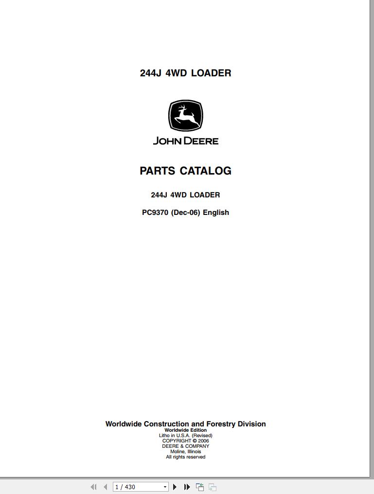 John Deere Loader 244J 4WD Parts Catalog PC9370 2006 1