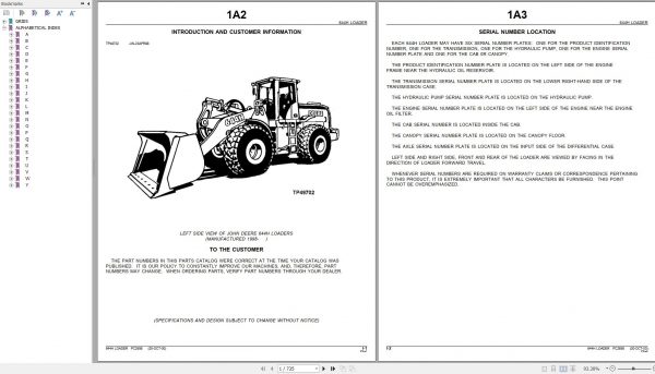 John Deere Loader 644H Parts Catalog PC2658 2000 1
