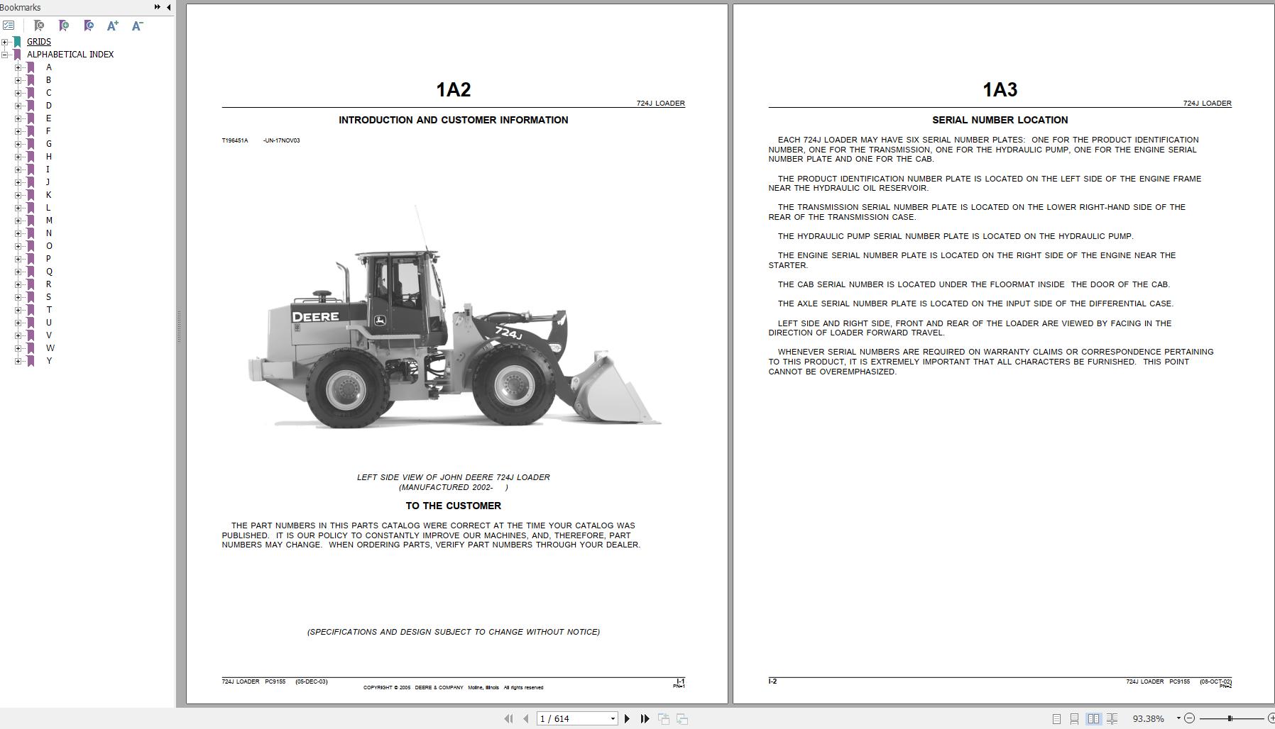John Deere Loader 724J Parts Catalog PC9155 2005 1