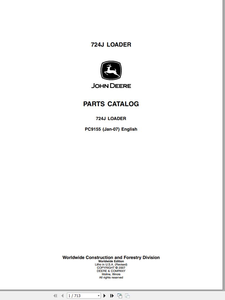 John Deere Loader 724J Parts Catalog PC9155 2007 1 1
