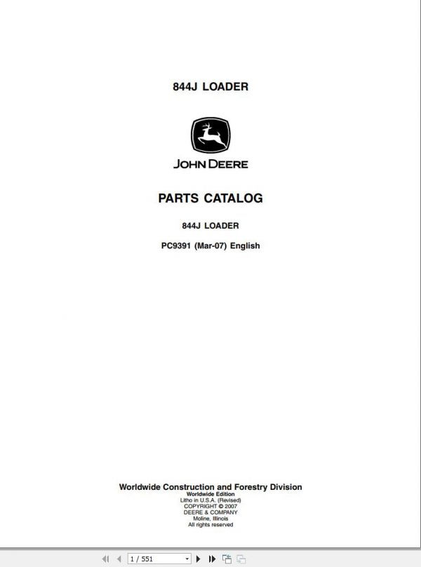John Deere Loader 844J Parts Catalog PC9391 2007 1 1