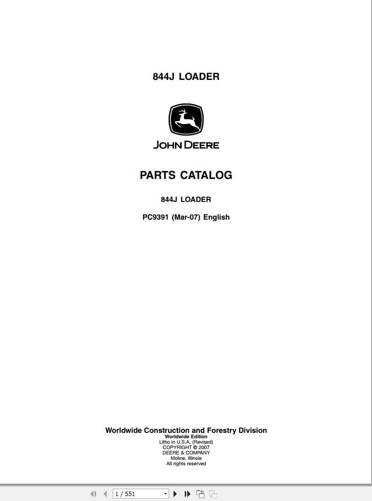 John Deere Loader 844J Parts Catalog PC9391 2007 1 1