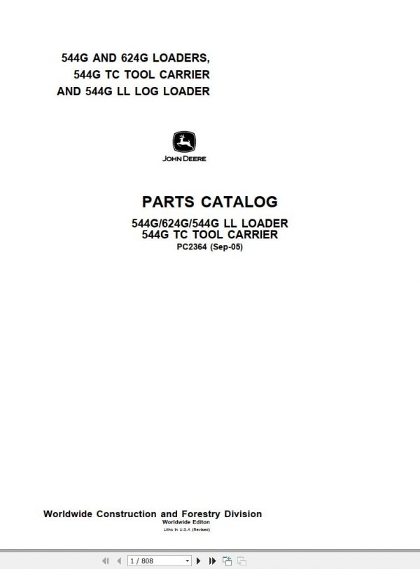 John Deere Loader Tool Carrier 544G 544G LL 624G Parts Catalog PC2364 2005 1