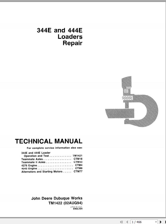 John Deere Loaders 344E 444E Repair Technical Manual TM1422 1
