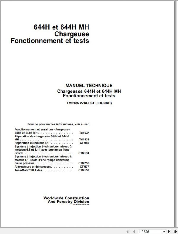 John Deere Loaders 644H 644H MH Technical Manual TM2935 FR 1