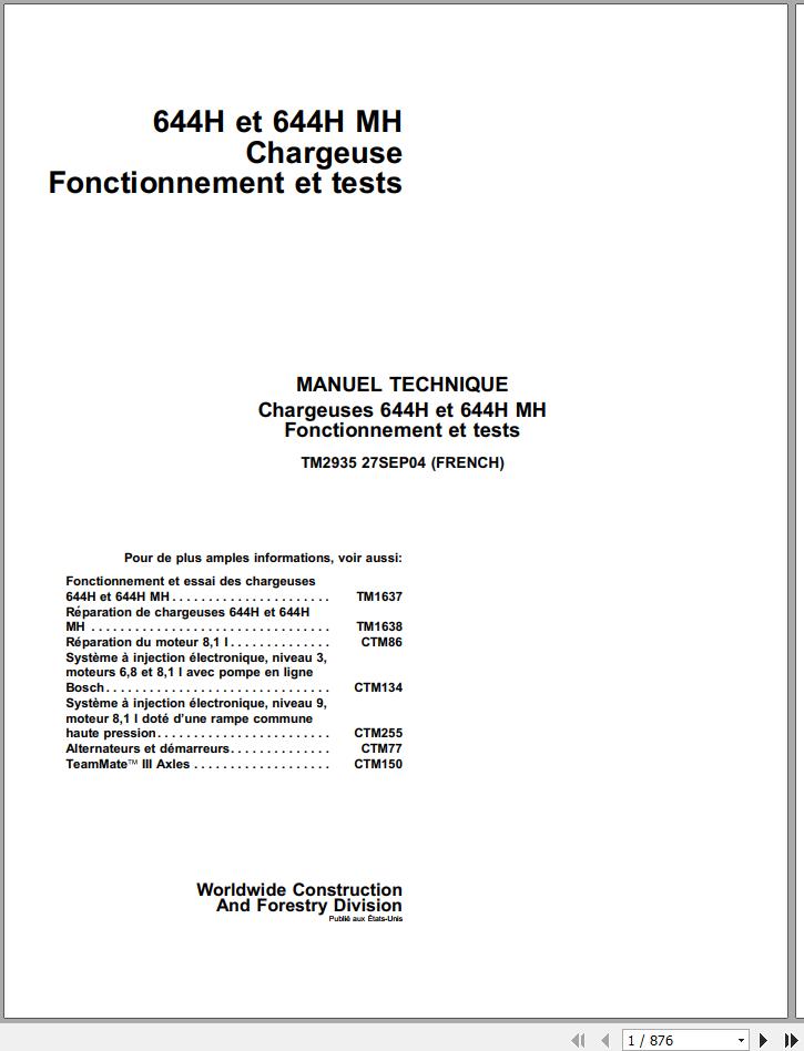 John Deere Loaders 644H 644H MH Technical Manual TM2935 FR 1