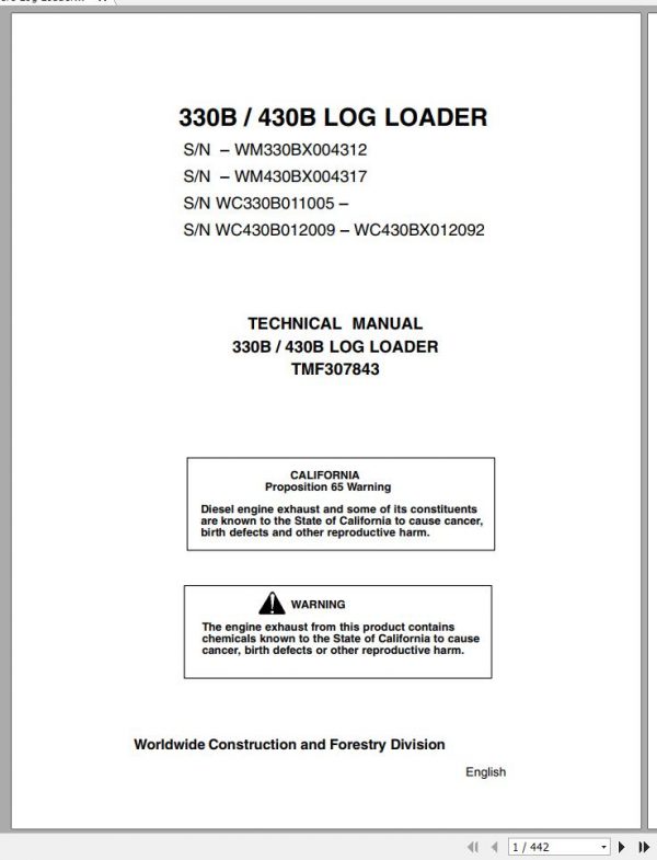 John Deere Log Loader 330B 430B Technical Manual TMF307843 1