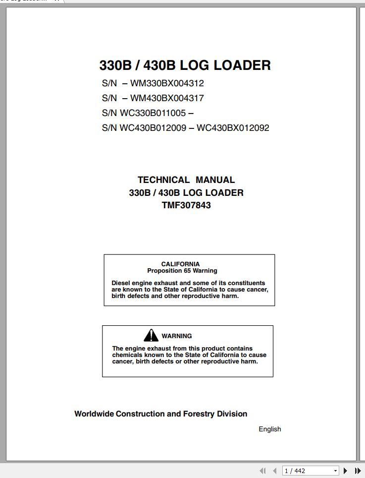 John Deere Log Loader 330B 430B Technical Manual TMF307843 1