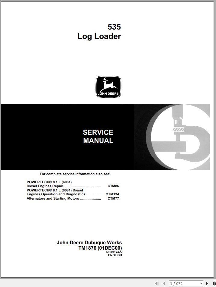 John Deere Log Loader 535 Service Manual TM1876 1