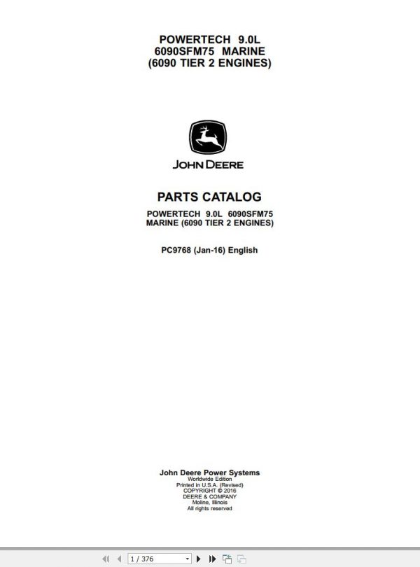 John Deere Marine 6090 Tier 2 Engines Powertech 9.0L 6090SFM75 Parts Catalog PC9768 2016 1