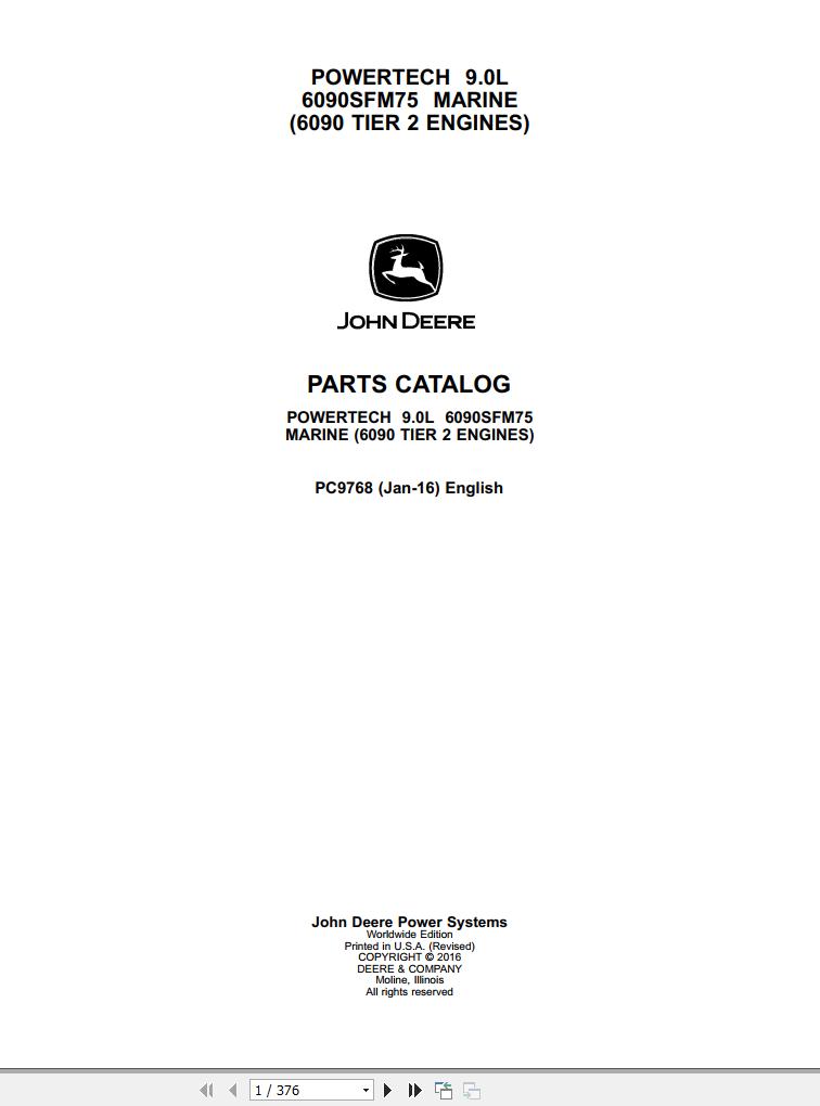 John Deere Marine 6090 Tier 2 Engines Powertech 9.0L 6090SFM75 Parts Catalog PC9768 2016 1