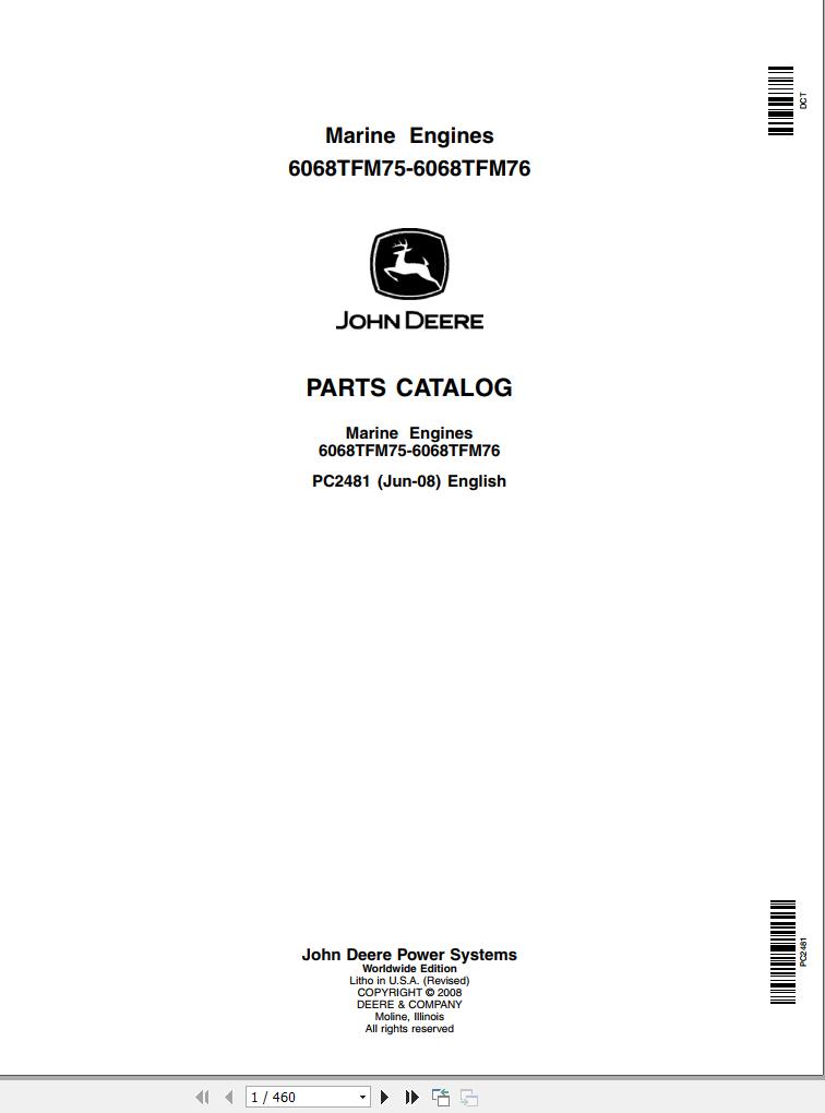 John Deere Marine Engines 6068TFM75 6068TFM76 Parts Catalog PC2481 2008 1