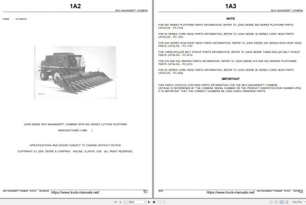 John Deere Maximizer Combine 9610 Parts Catalog PC2702 1
