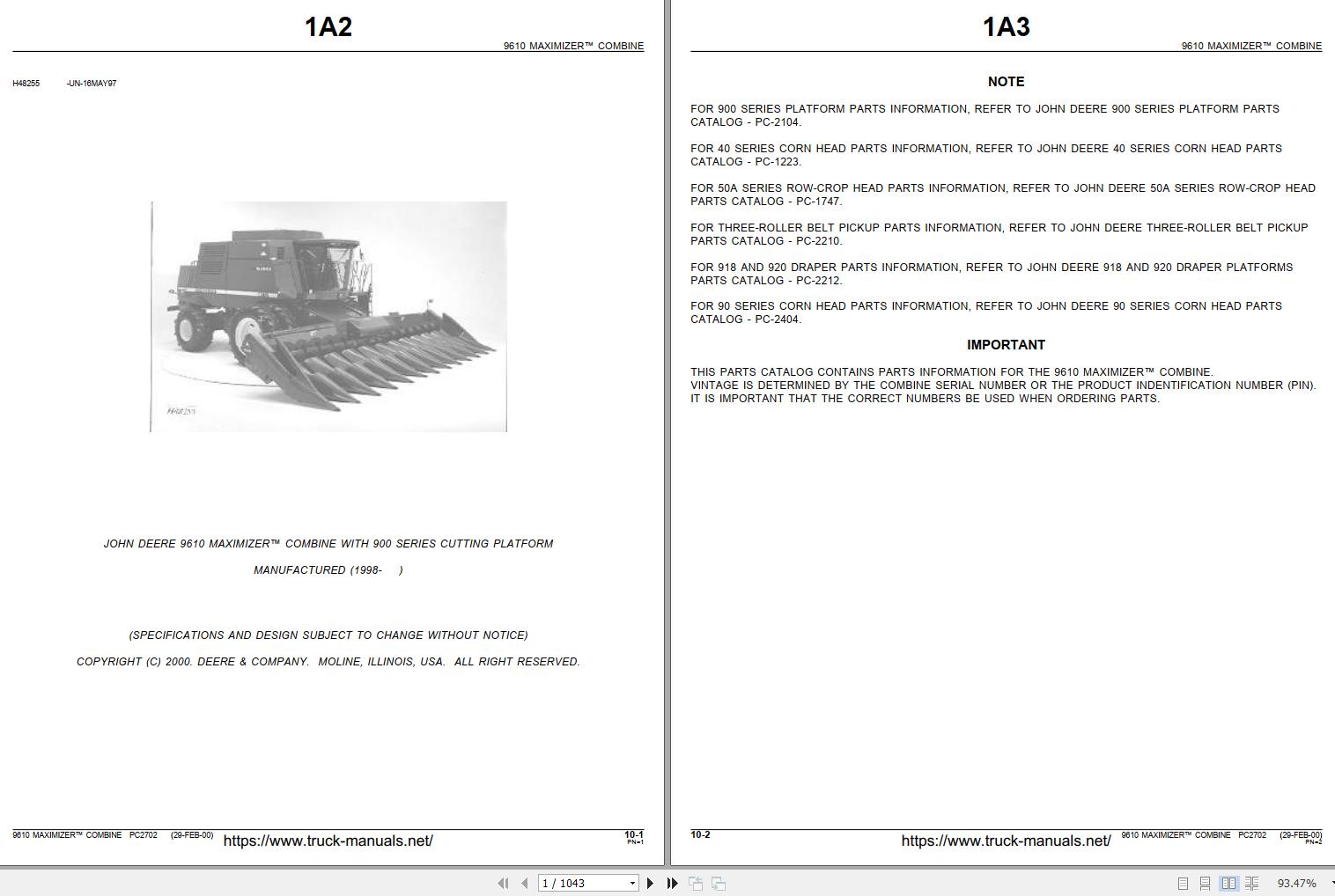 John Deere Maximizer Combine 9610 Parts Catalog PC2702 1