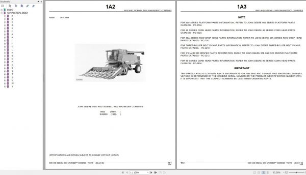 John Deere Maximizer Combines and Sidehill 9500 Parts Catalog PC2179 1