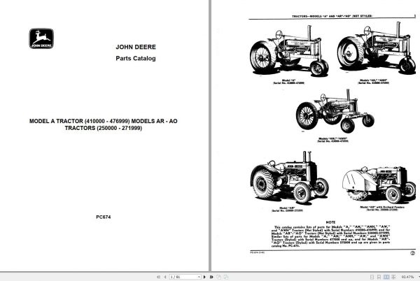 John Deere Model A Tractor 410000 476999 Models AR AO Tractors 250000 271999 Parts Catalog PC674 1