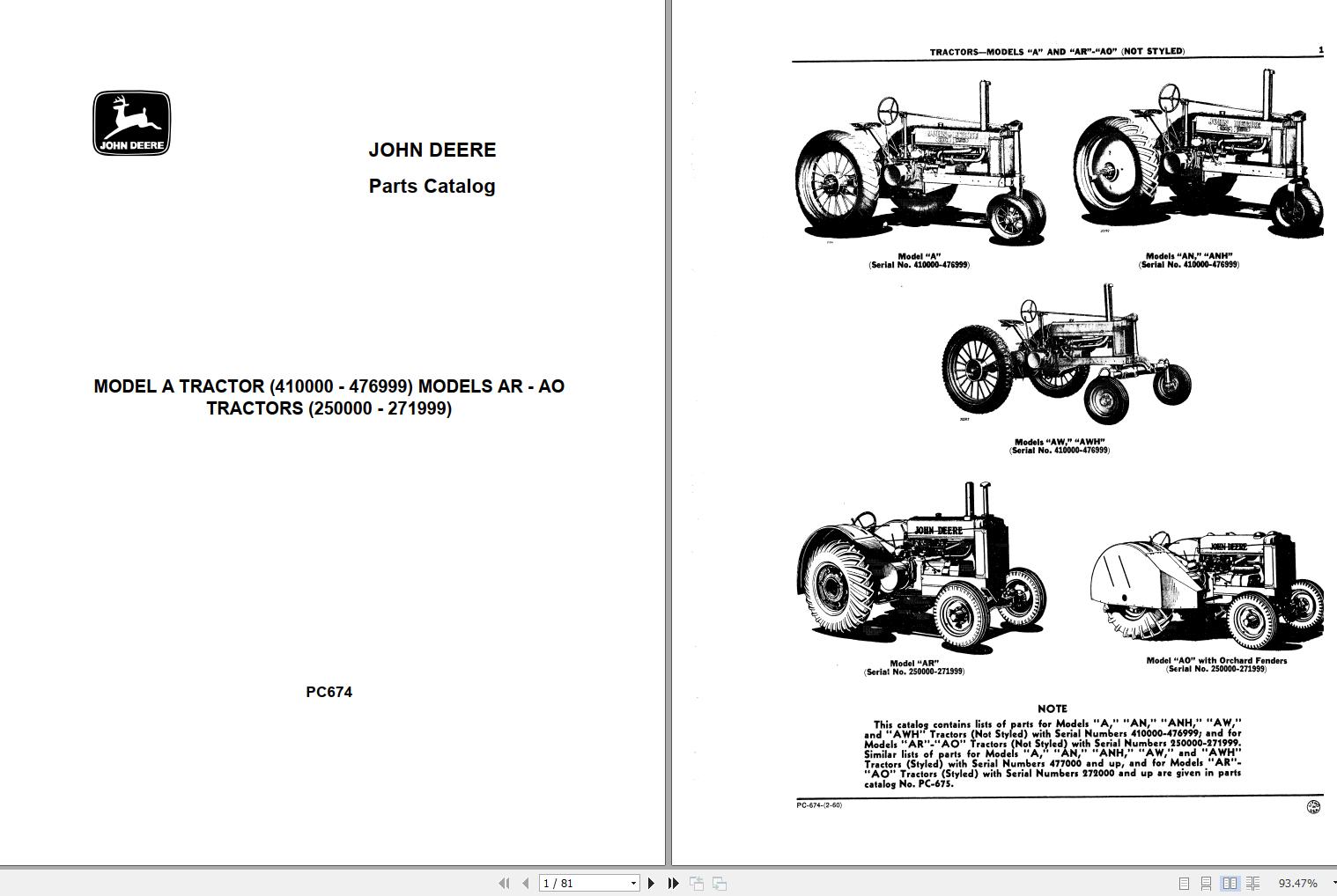 John Deere Model A Tractor 410000 476999 Models AR AO Tractors 250000 271999 Parts Catalog PC674 1