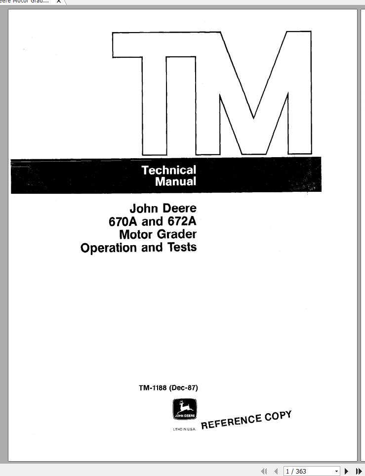 John Deere Motor Grader 670A 672A Operation and Test Technical Manual TM1188 1