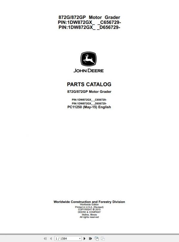 John Deere Motor Grader 872G 872GP Parts Catalog PC11250 2015 1