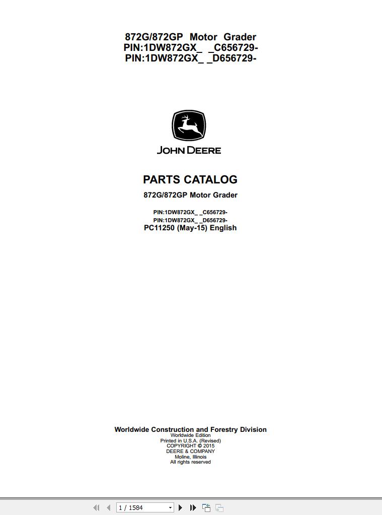 John Deere Motor Grader 872G 872GP Parts Catalog PC11250 2015 1