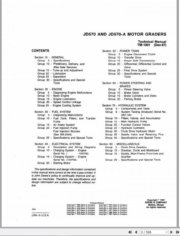 John Deere Motor Grader JD570 JD570A Technical Manual TM1001 2