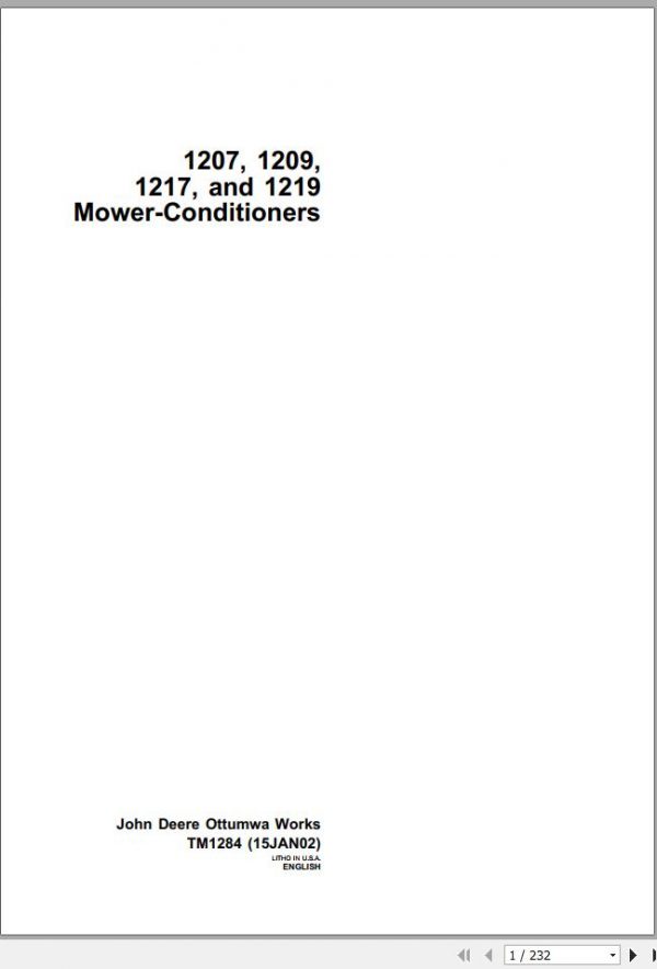 John Deere Mower Conditioner 1207 1209 1217 1219 Technical Manual TM1284 1