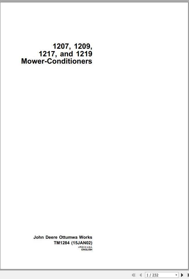 John Deere Mower Conditioner 1207 1209 1217 1219 Technical Manual TM1284 1