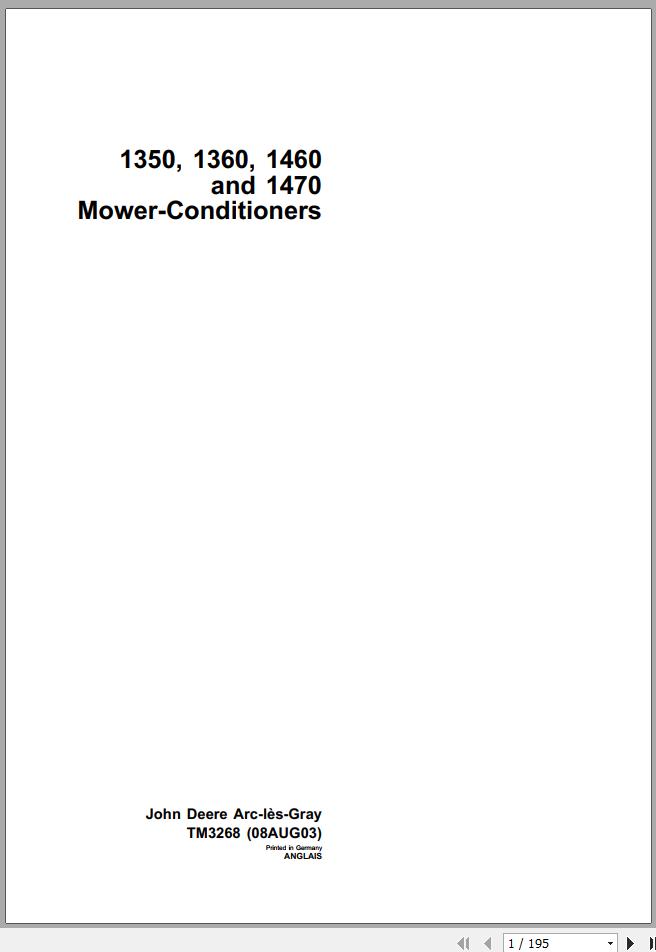 John Deere Mower Conditioner 1350 1360 1460 1470 Technical Manual TM3268 1