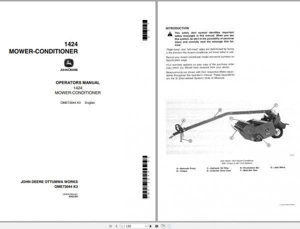 John Deere Mower Conditioner 1424 Operatiors Manual OME73044 K3 1
