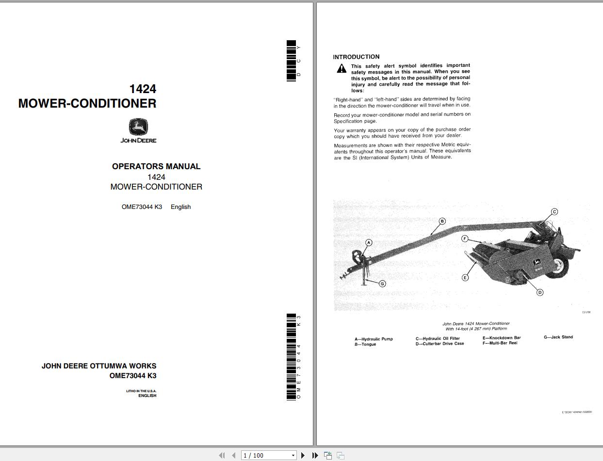 John Deere Mower Conditioner 1424 Operatiors Manual OME73044 K3 1