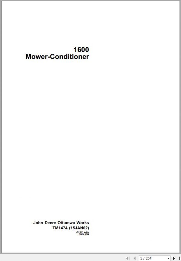 John Deere Mower Conditioner 1600 Technical Manual TM1474 1