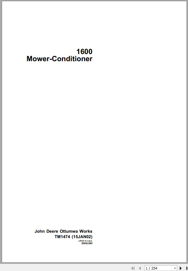 John Deere Mower Conditioner 1600 Technical Manual TM1474 1