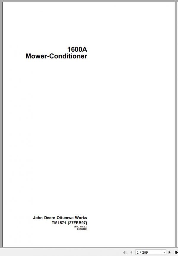 John Deere Mower Conditioner 1600A Technical Manual TM1571 1