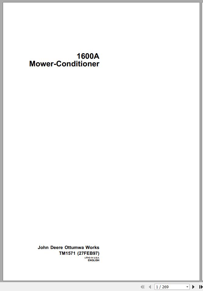 John Deere Mower Conditioner 1600A Technical Manual TM1571 1