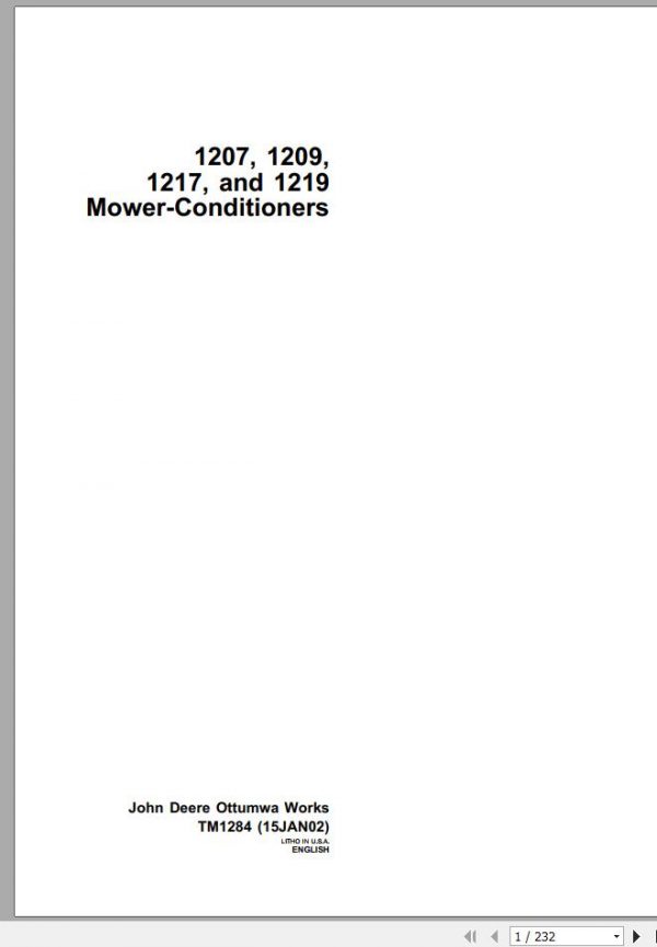 John Deere Mower Conditioners 1207 1209 1217 1219 Technical Manual TM1284 1