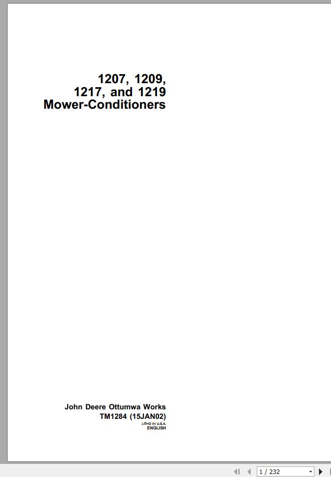 John Deere Mower Conditioners 1207 1209 1217 1219 Technical Manual TM1284 1