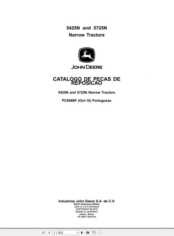 John Deere Narrow Tractors 5425N 5725N Parts Catalog PC6089P 2010 EN ES TR PT 1