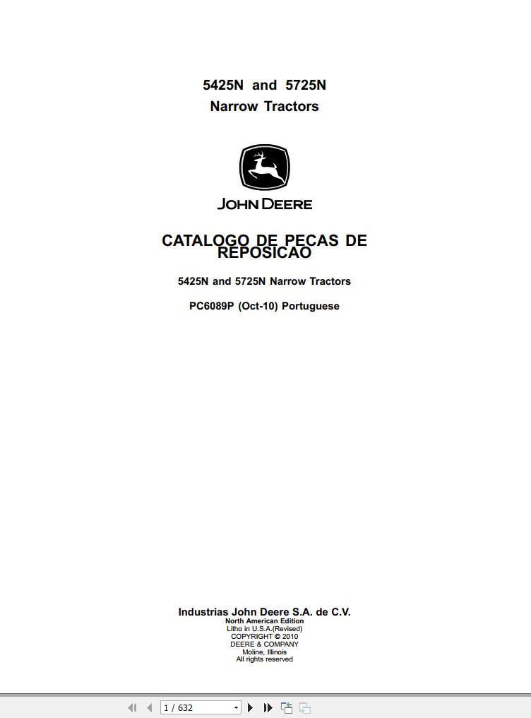 John Deere Narrow Tractors 5425N 5725N Parts Catalog PC6089P 2010 EN ES TR PT 1
