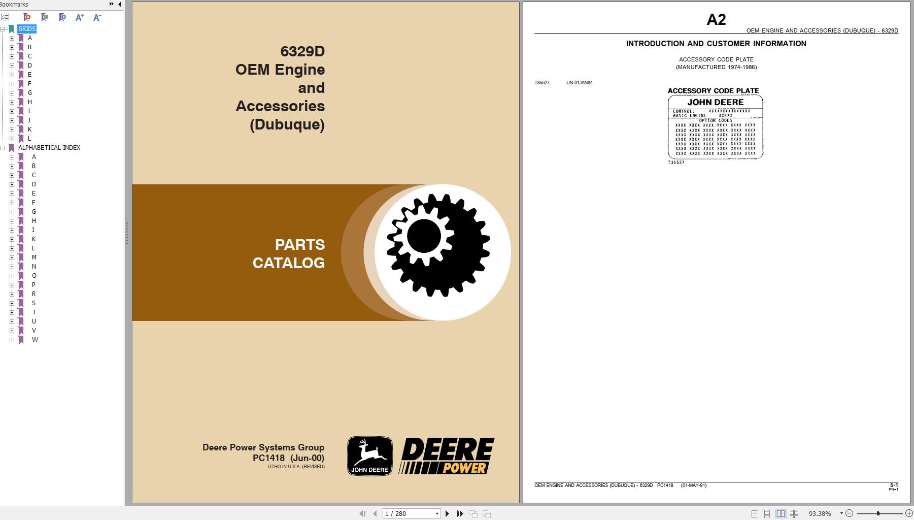 John Deere OEM Engine Accessories Dubuque 6329D Parts Catalog PC1418 2000 1