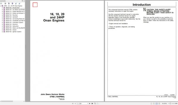 John Deere Onan Engines 16 18 20 24HP Component Technical Manual CTM2 19APR90 1