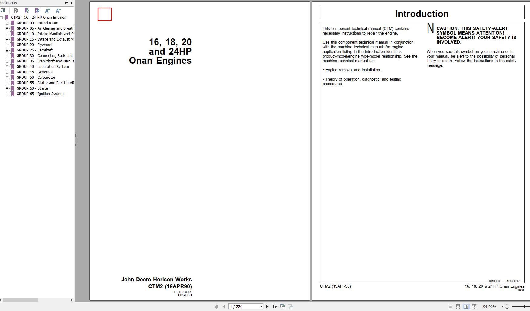 John Deere Onan Engines 16 18 20 24HP Component Technical Manual CTM2 19APR90 1