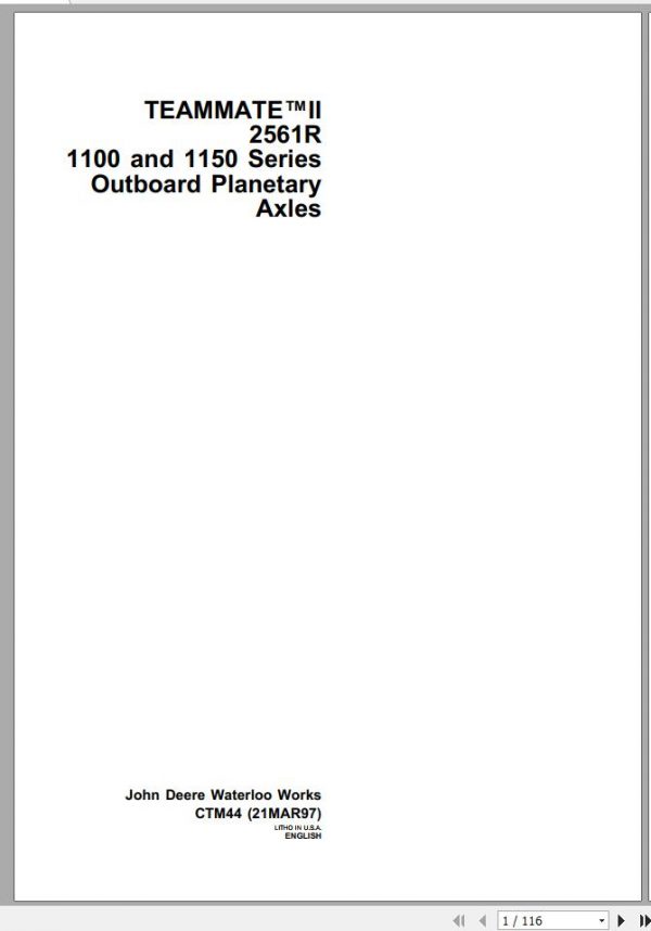 John Deere Outboard Planetary Axles 2561R 1100 1150 Series Technical Manual CTM44 1