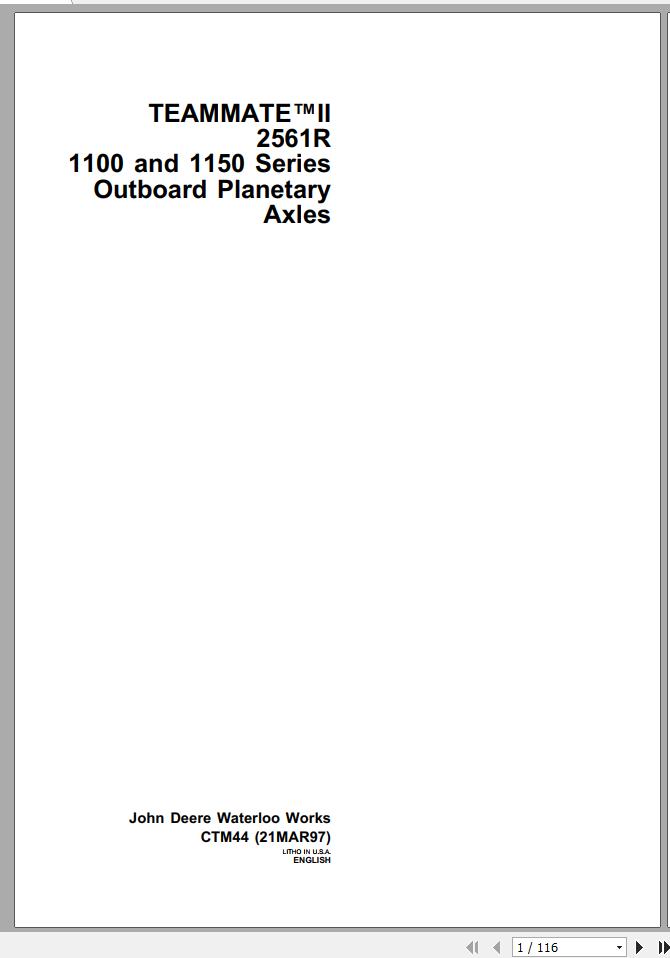 John Deere Outboard Planetary Axles 2561R 1100 1150 Series Technical Manual CTM44 1