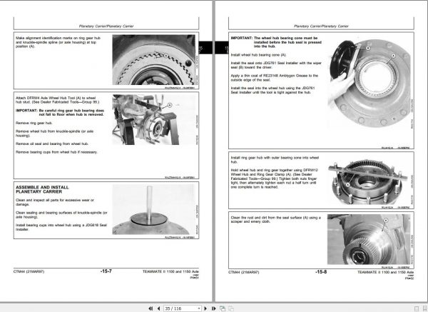 John Deere Outboard Planetary Axles 2561R 1100 1150 Series Technical Manual CTM44 2
