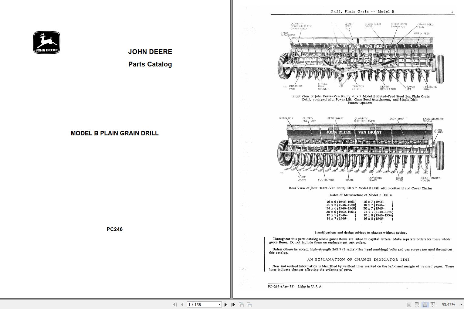 John Deere Plain Grain Drill Model B Parts Catalog PC246 1