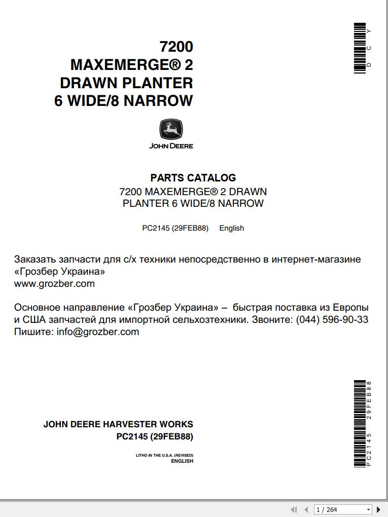 John Deere Planter 6 Wide 8 Narrow 7200 Maxemerge 2 Drawn Parts Catalog PC2145 29FEB88 1