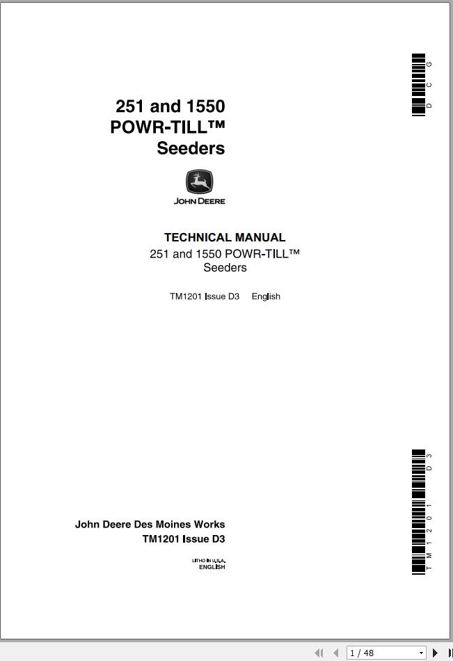 John Deere Power Till Seeders 251 1550 Technical Manual TM1201 1
